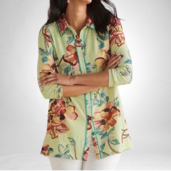 Soft Surroundings Elena Top in Margarita SZ L Green + Floral - Picture 1 of 11